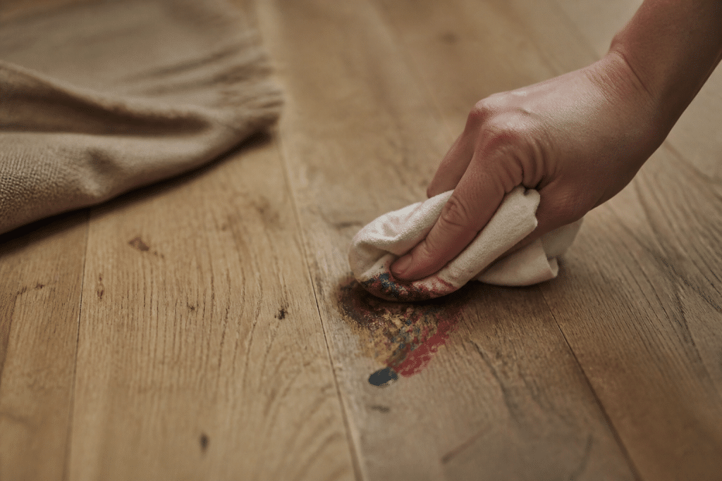 Chiffon blanc essuyant tache peinture huile parquet bois