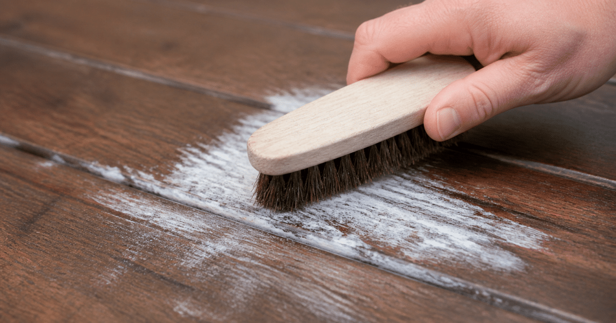 Brosse a poils durs grattant tache blanche sur surface bois