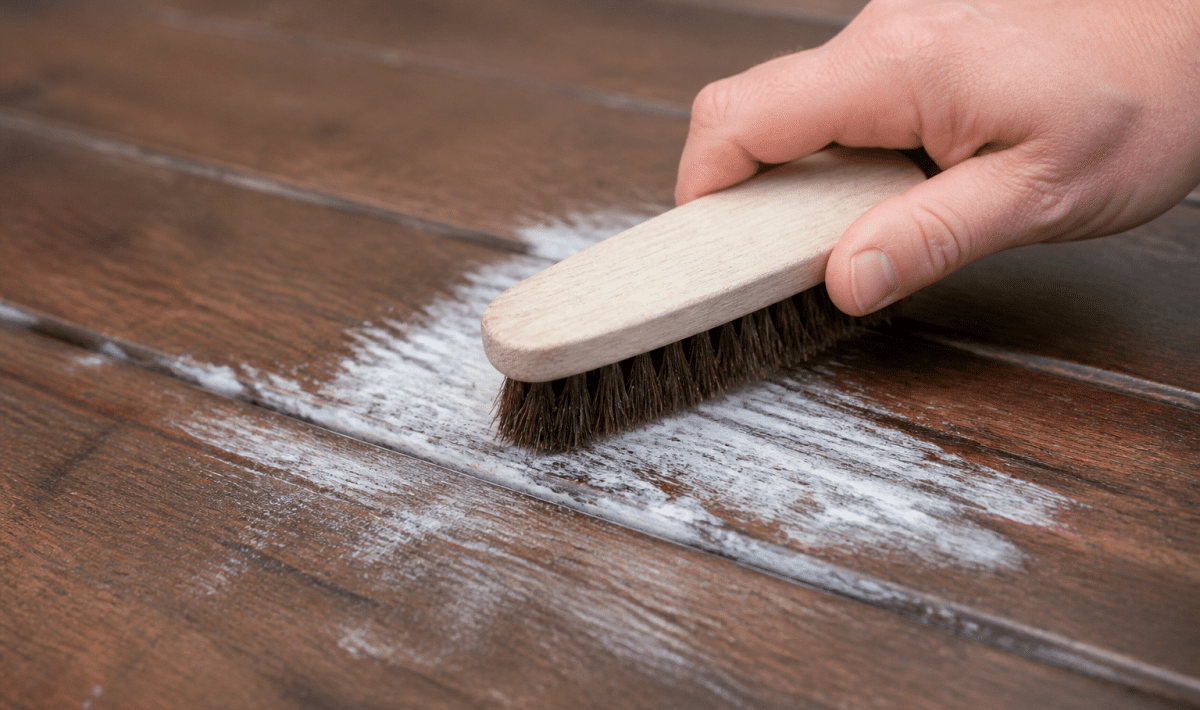 Brosse a poils durs grattant tache blanche sur surface bois