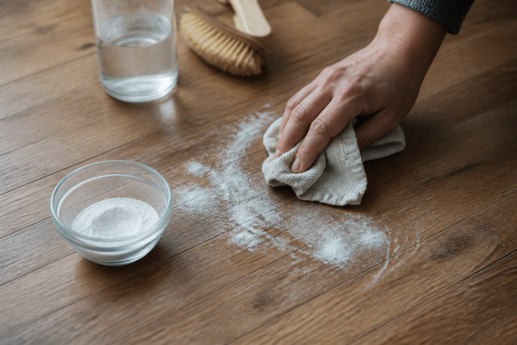 Bicarbonate et vinaigre blanc sur tache peinture parquet