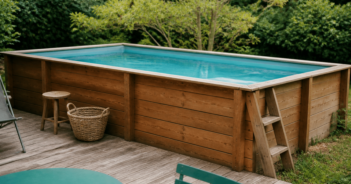 Piscine rectangulaire en bois surélevée avec terrasse attenante