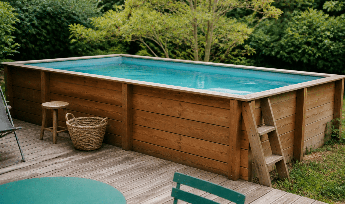 Piscine rectangulaire en bois surélevée avec terrasse attenante