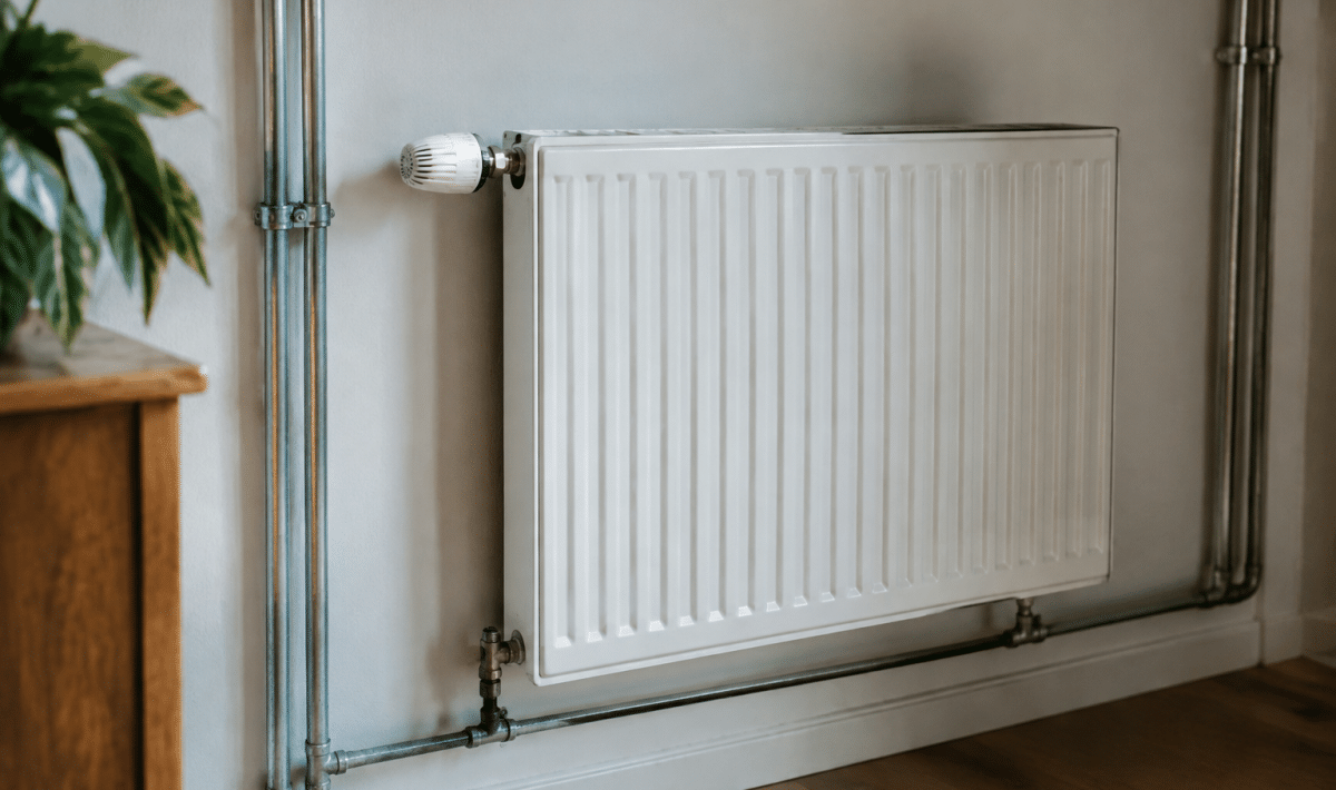 Radiateur mural vibrant avec tuyauterie metallique visible en arriere-plan