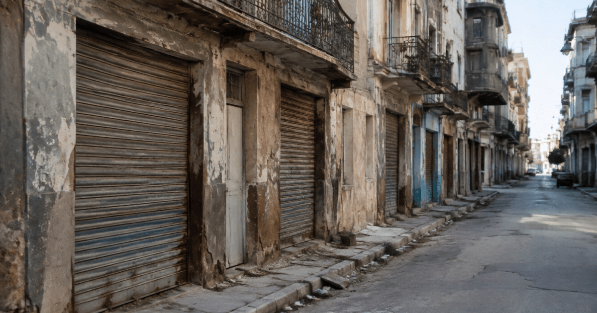 Rues urbaines delabrees avec batiments deteriores et devantures fermees