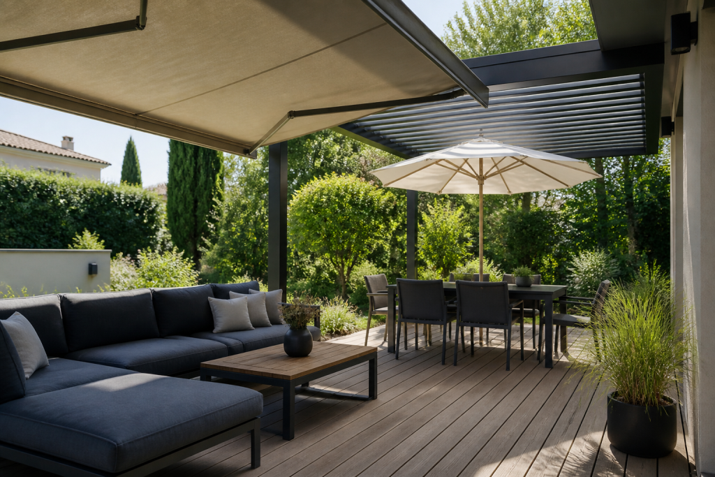 Terrasse equipee parasol store banne pergola