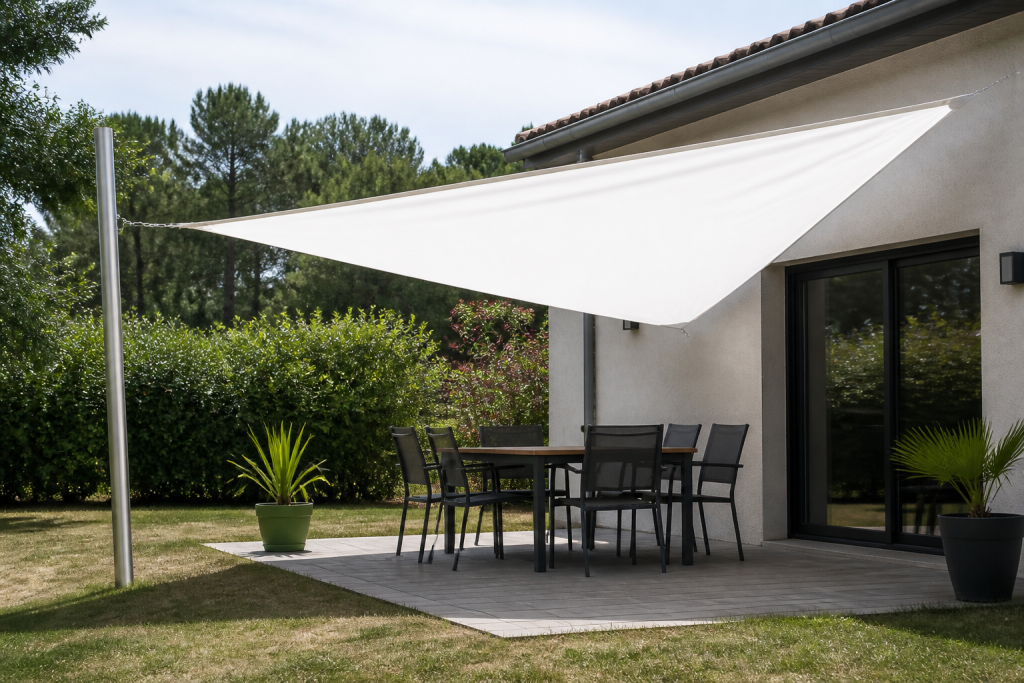 Toile blanche deployee ombragant terrasse adossee maison