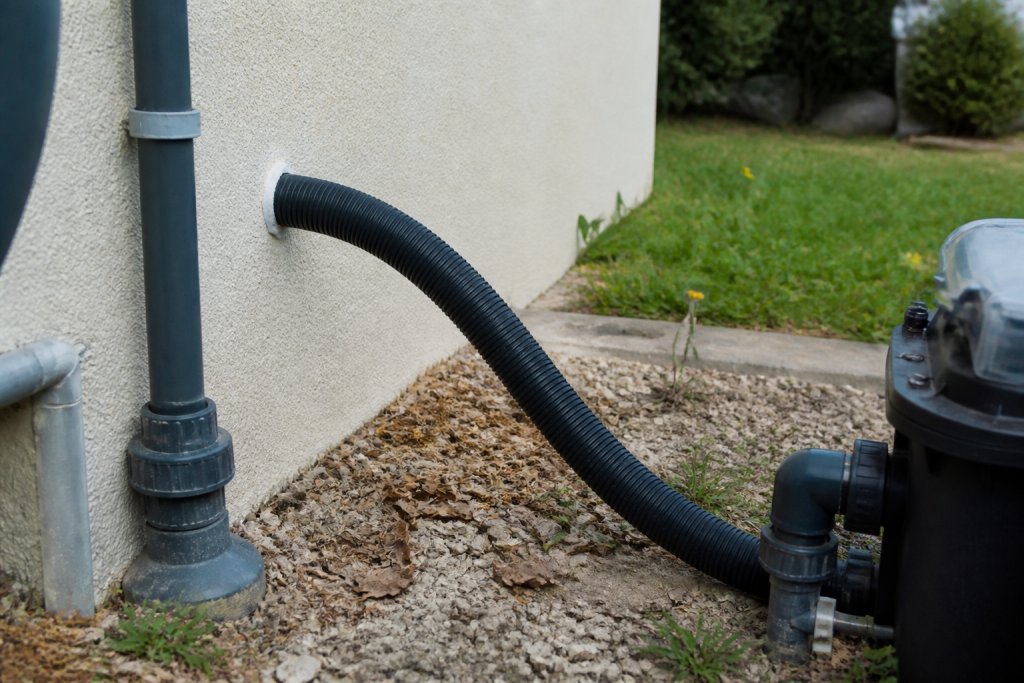 Tuyau noir flexible reliant caisson pompe exterieur