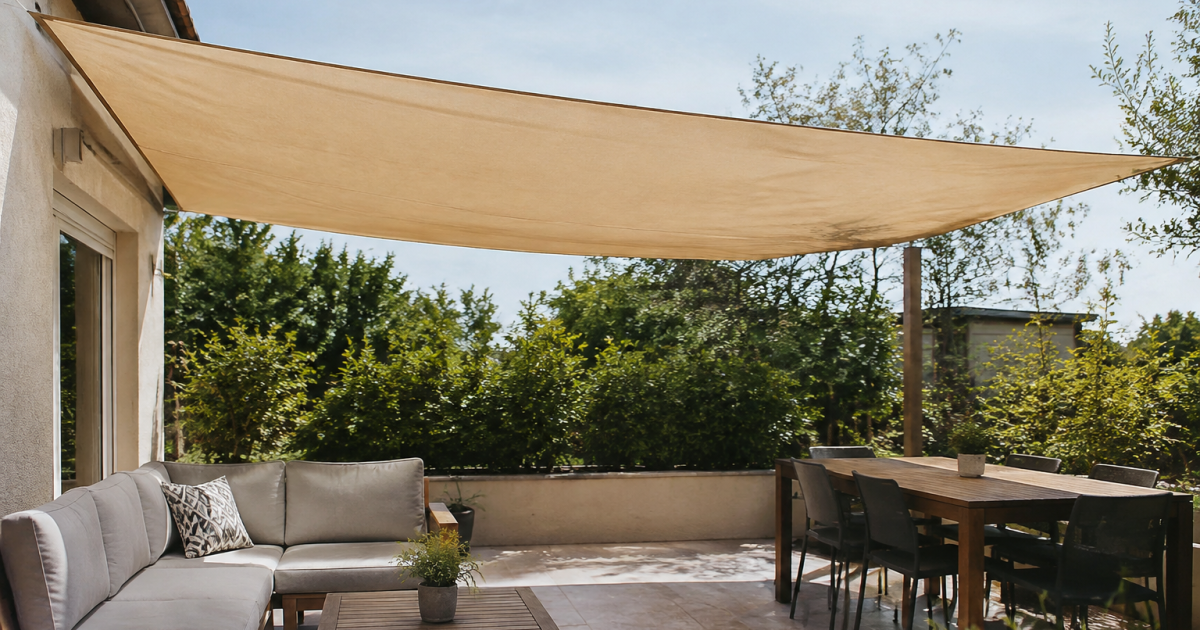 Voile ombrage tendue horizontale sur terrasse carrelage