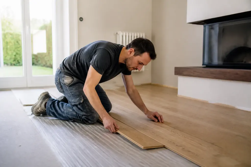 Artisan fixe lames parquet clair dans salon lumineux
