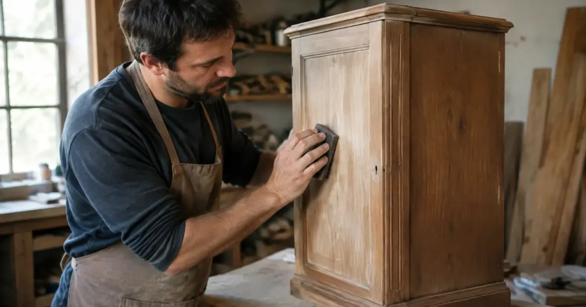 Un artisan ponce une armoire en bois sur l'etabli