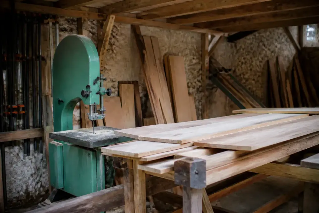Atelier en bois avec scie metre ruban et planches