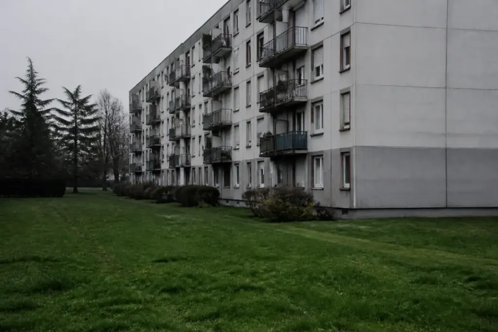 Barres immeubles grises avec balcons et pelouses
