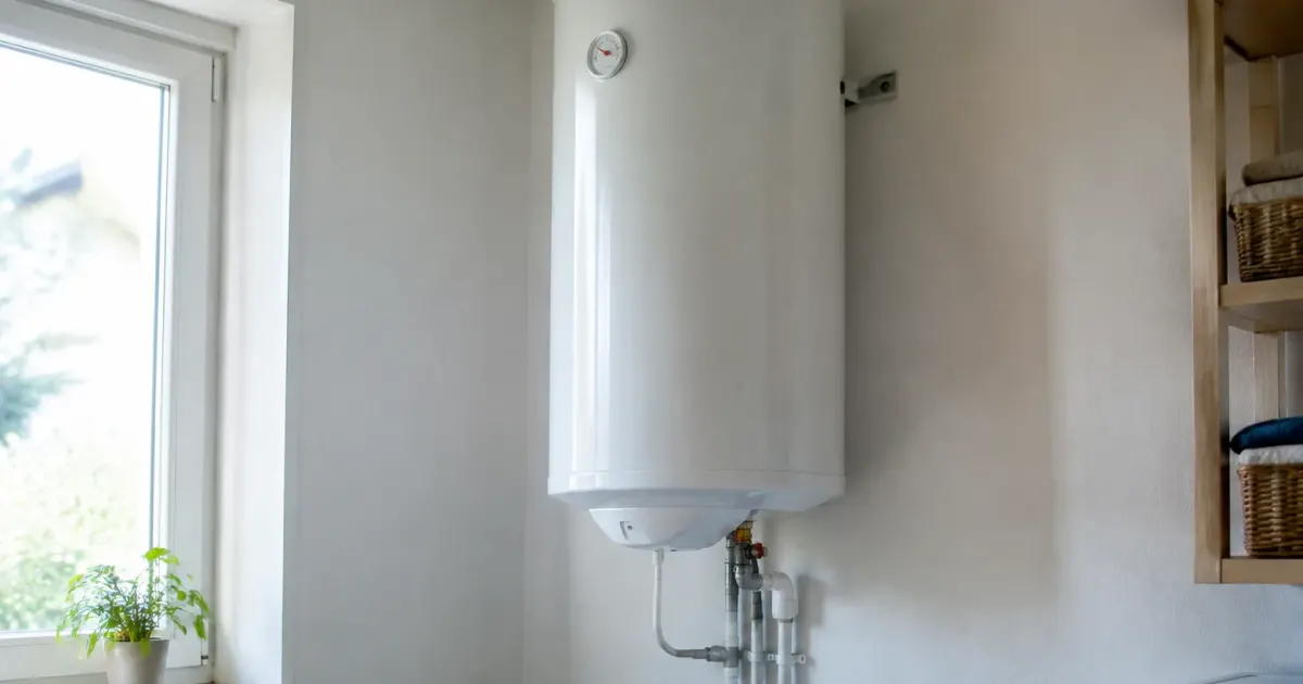Chauffe-eau blanc vertical fixe au mur