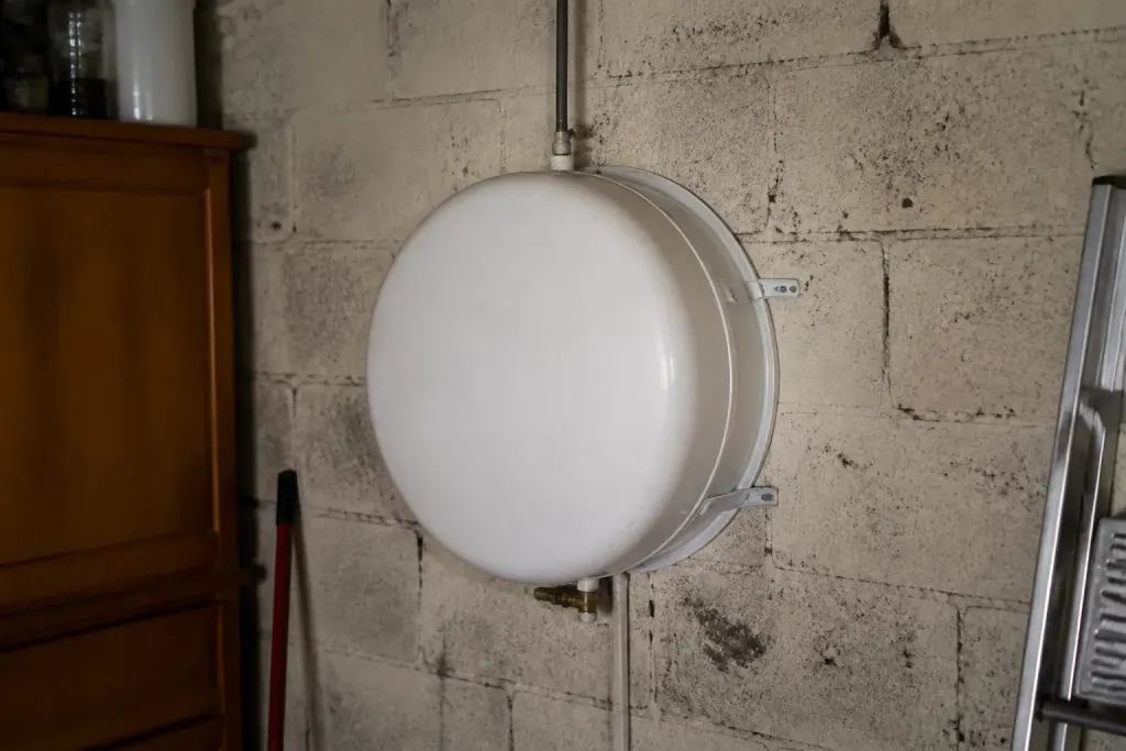 Cuve ronde blanche fixee au mur du garage