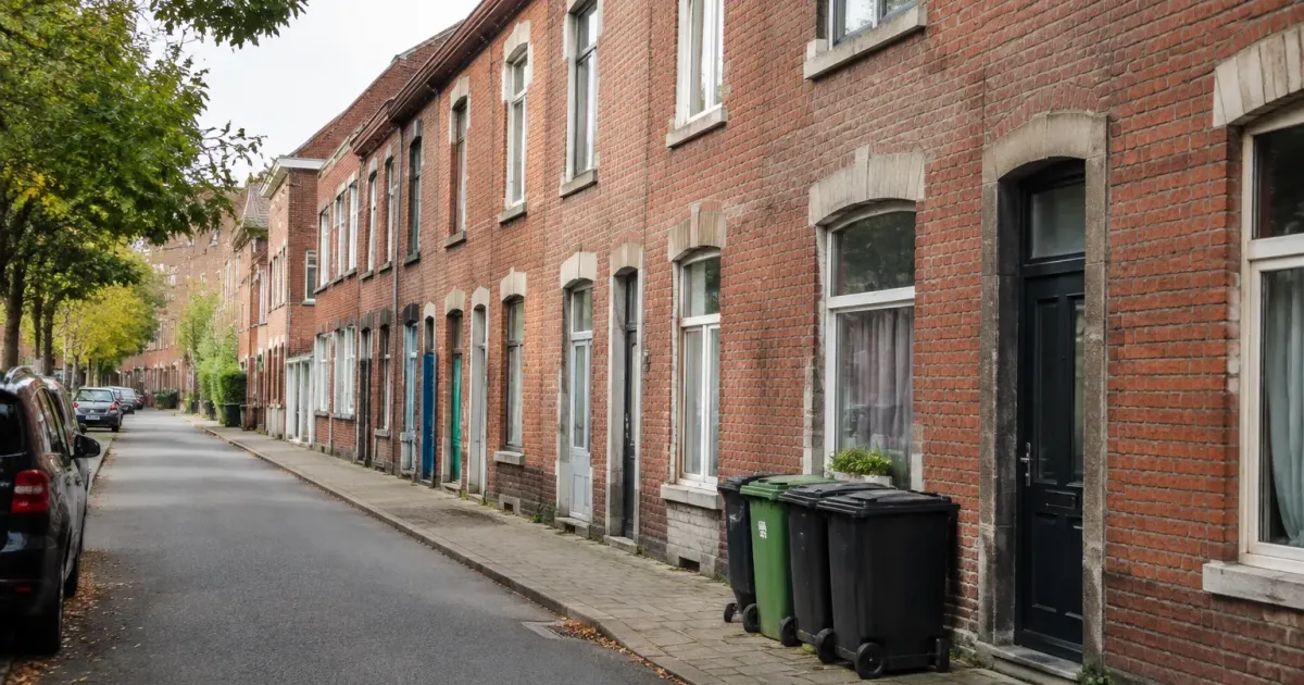 Immeubles en briques bordant une rue calme avec poubelles
