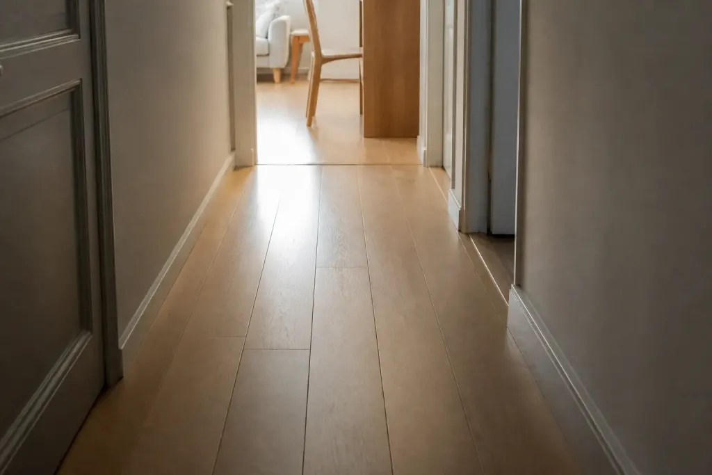 Lames de parquet clair alignees dans un couloir lumineux