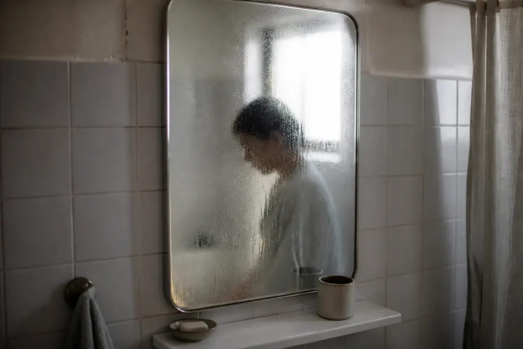 Miroir embue dans une salle de bain carrelee