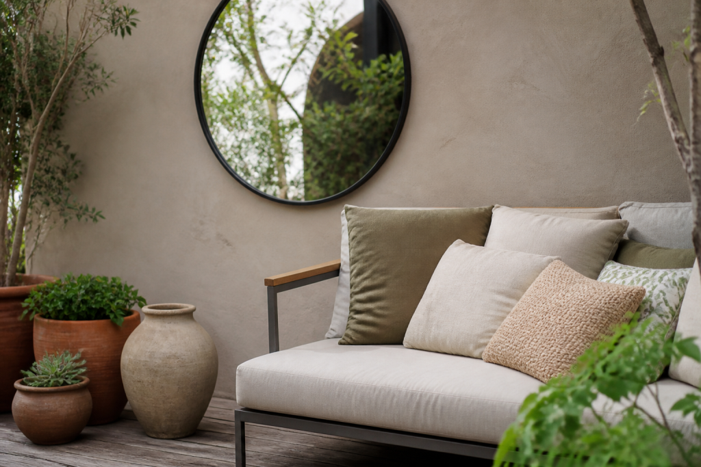 Miroir mural, pots assortis et coussins sur terrasse