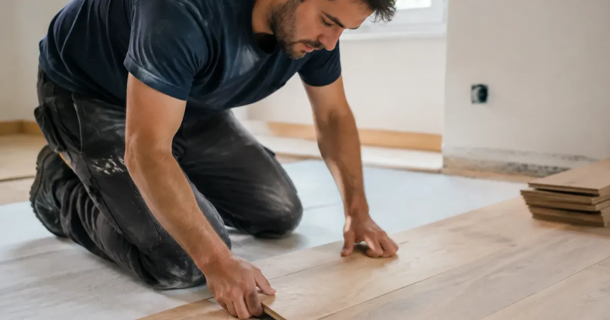 Ouvrier agenouillé posant des lames de parquet clair
