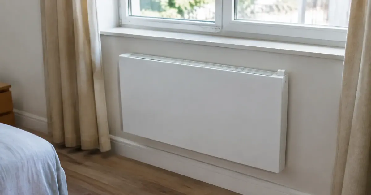 Panneau chauffant blanc fixe au mur sous fenetre