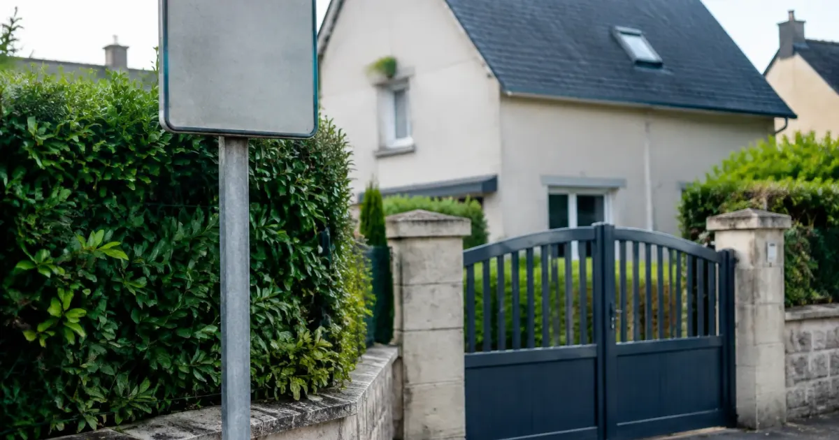 Panneau de rue devant une maison avec portail
