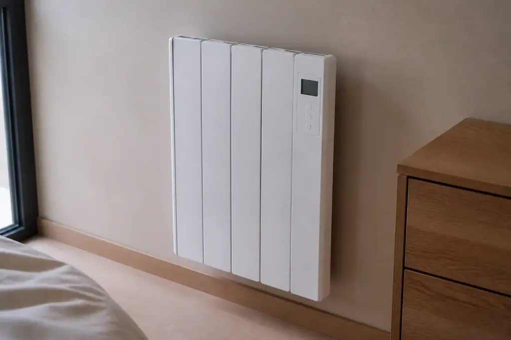Radiateur blanc avec afficheur numerique sur mur beige