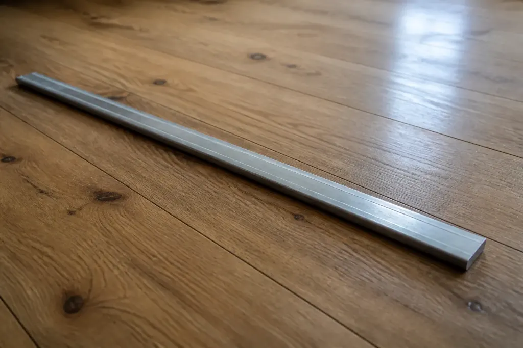 Regle metallique posee sur des lames de parquet