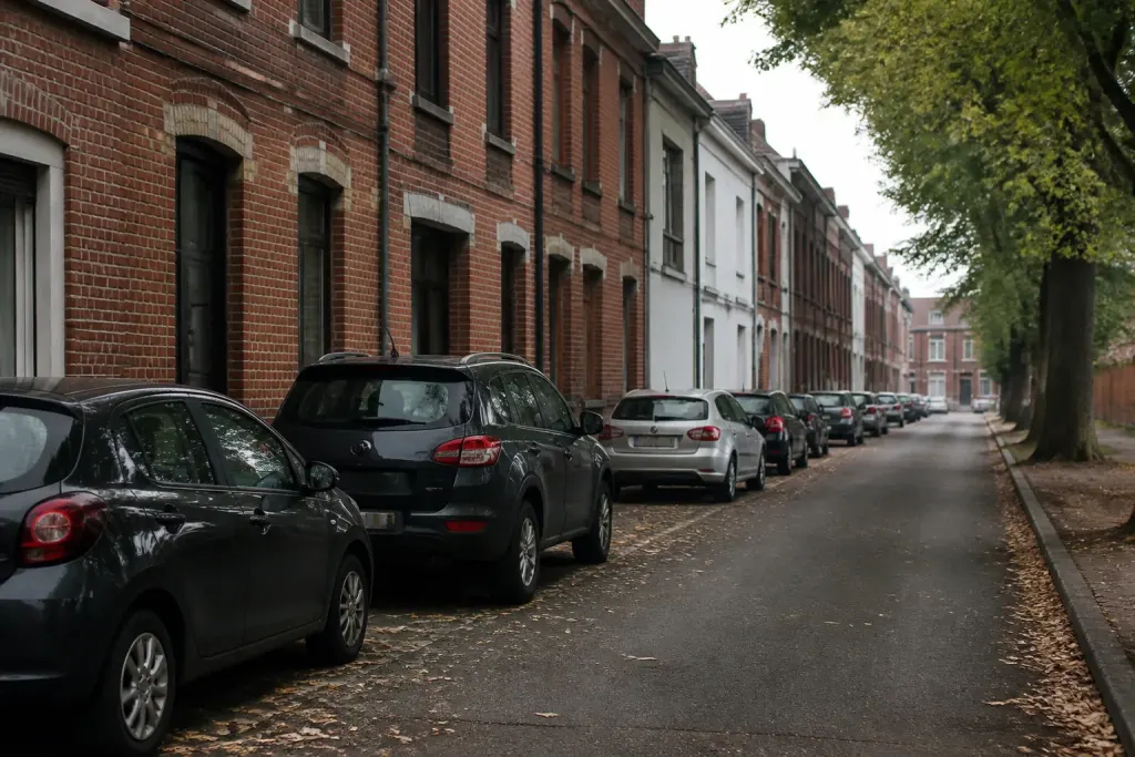 Rue bordee de maisons en briques et voitures garees