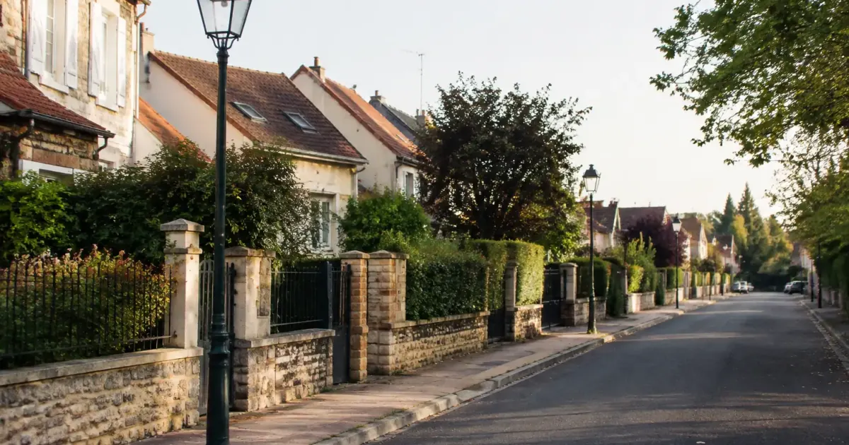 Rue residentielle calme bordee de maisons, trottoir et lampadaires