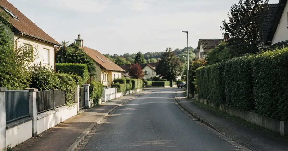 Rue residentielle calme bordee de pavillons et de haies