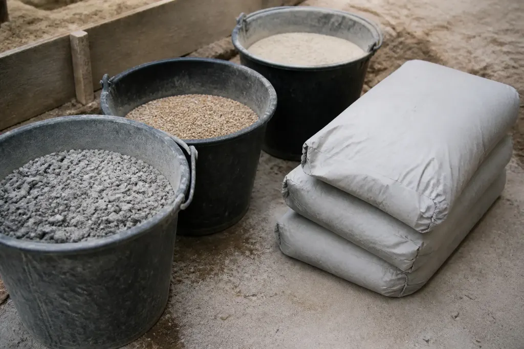 Seaux granulats et sacs ciment gris dosage